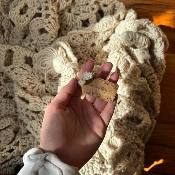 NWT Natural Life Crochet Cream Afghan Blanket Acrylic Boho - Picture 6 of 7